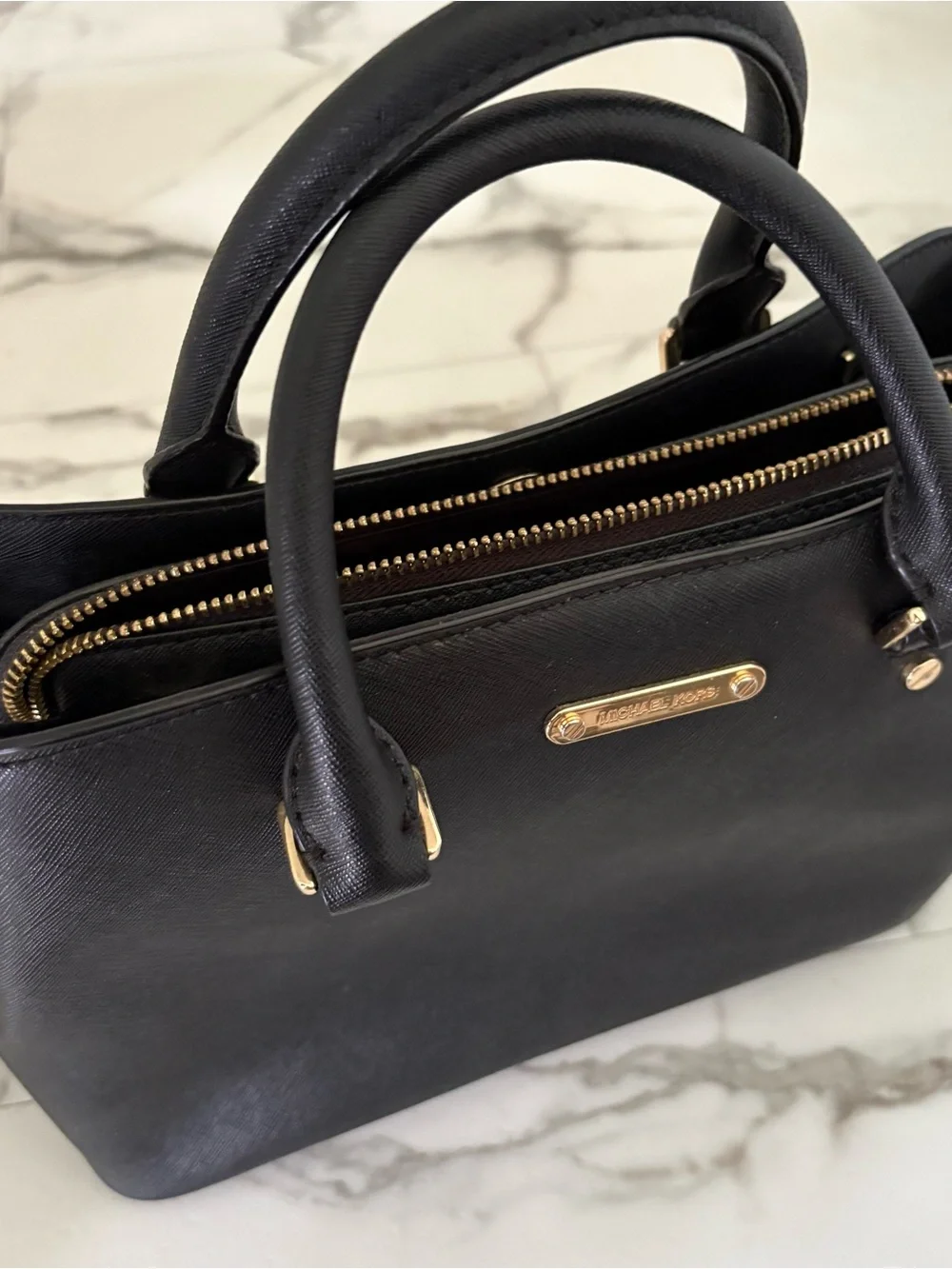 Michael Kors Black Saffiano Double-Handle Satchel with Gold Hardware